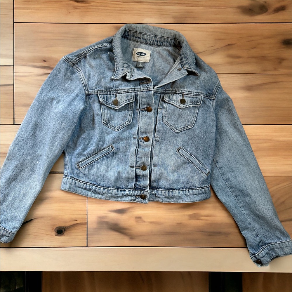Old Navy Distressed Jean Denim Jacket White Paint Spattered Size SP Petite SM